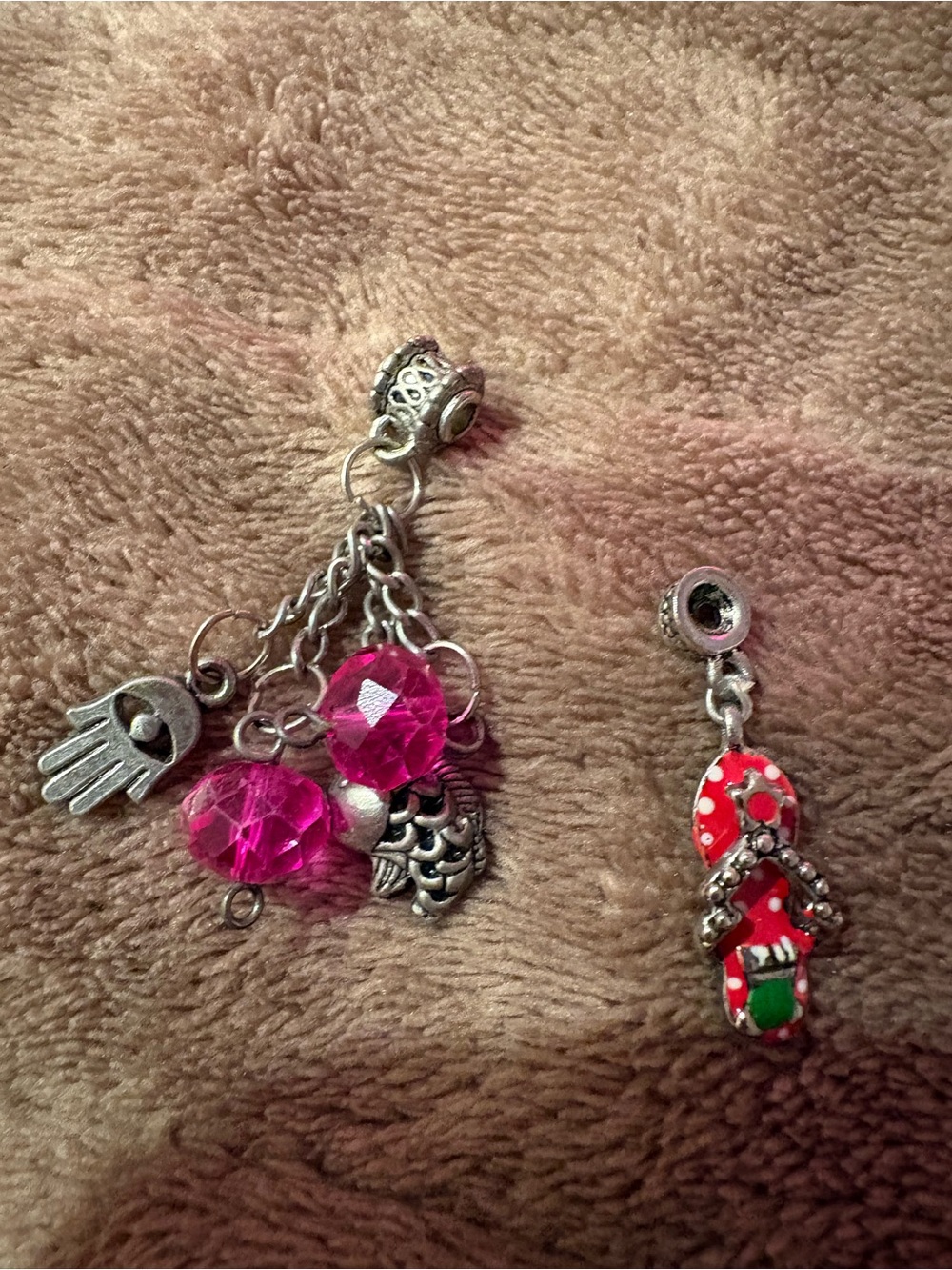 Pink Bead & Silver Charm Dangle Charms hamsa hand koi and a Christmas flip flop
